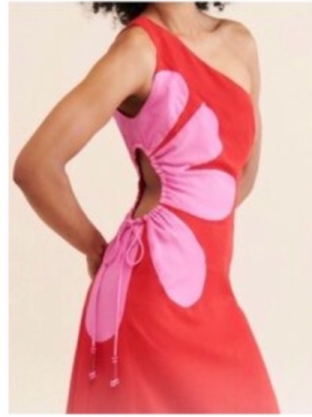 FARM RIO Red A-Line one-shoulder Dress with Pink Daisy cut-out Accent S